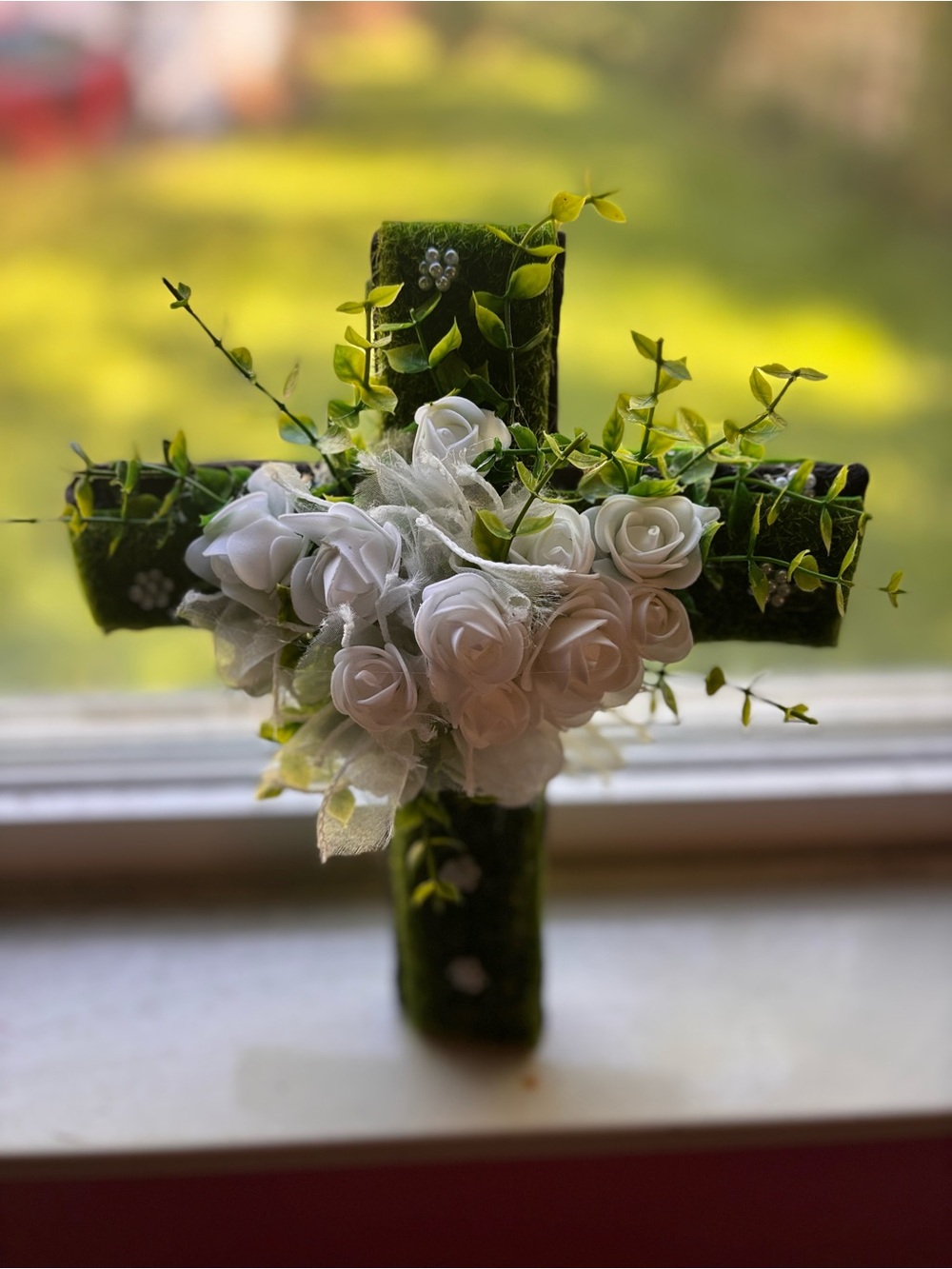 Hand Crafted White Rose Moss Cross with Green Foliage